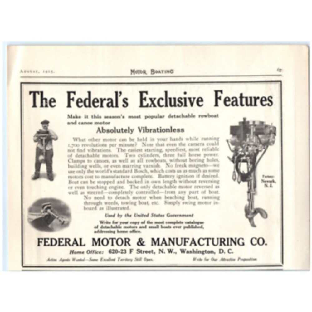 1915 Print Ad Federal Motor Mfg Co Vibrationless Detachable Rowboat Canoe Motor!